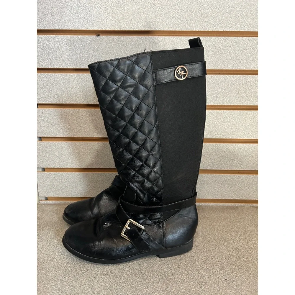 Michael Kors Girls Black Quilted Shayla Riding Boots Size 3 Gold Buckle Logo